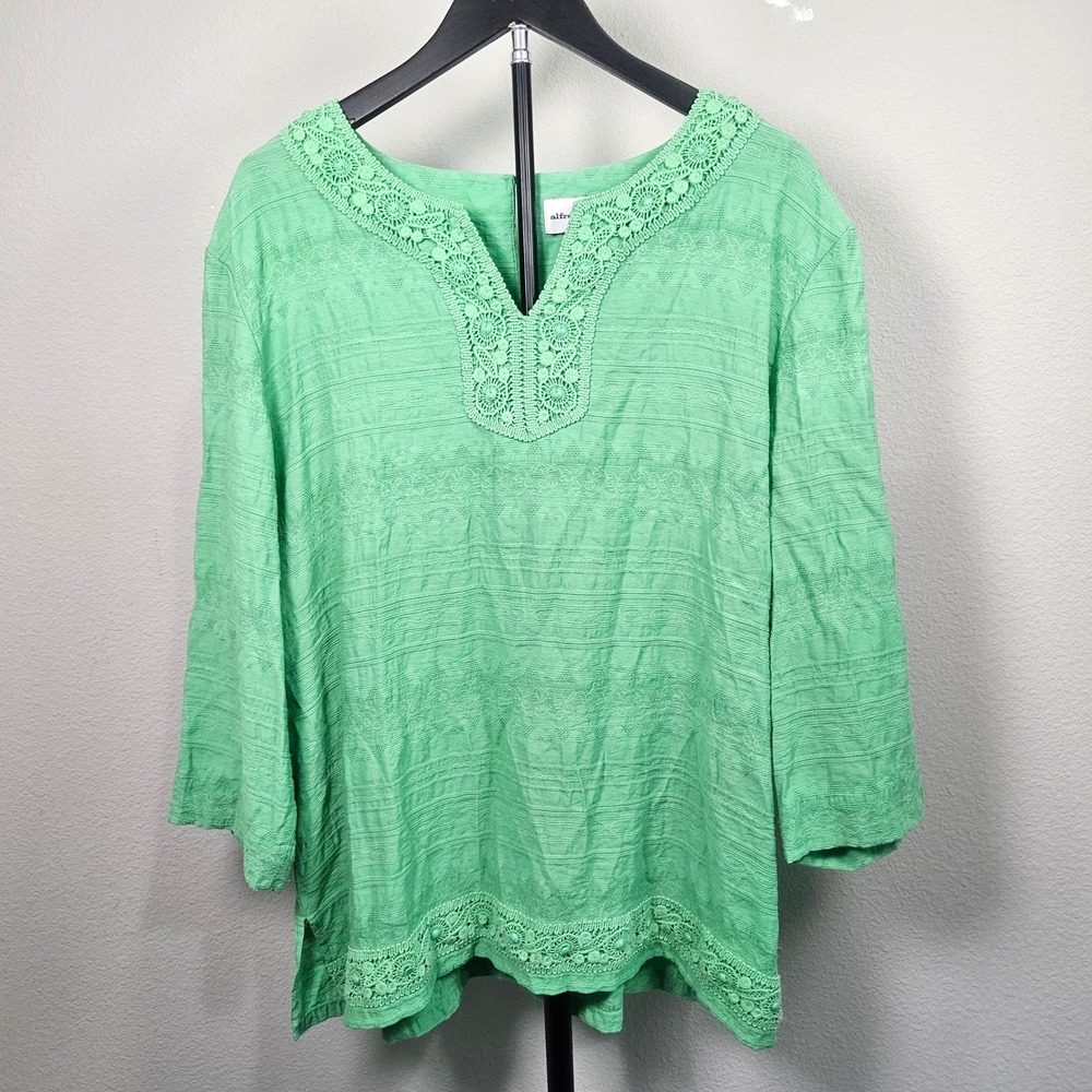Alfred Dunner‎ Blouse Womens XL Green Crochet Lace Beaded Boho Coastal Grandma